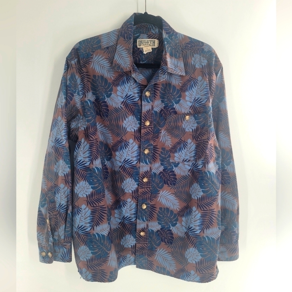 Duluth Men's Blue Cotton Leaves Pattern Button-Up Shirt Long Sleeve Size L